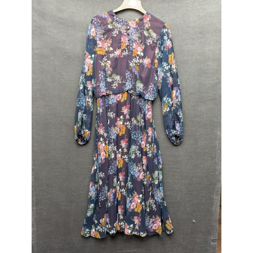 Vintage Blue Floral Dress Blouson Contrasting Lining Union Made Vtg Romantasy